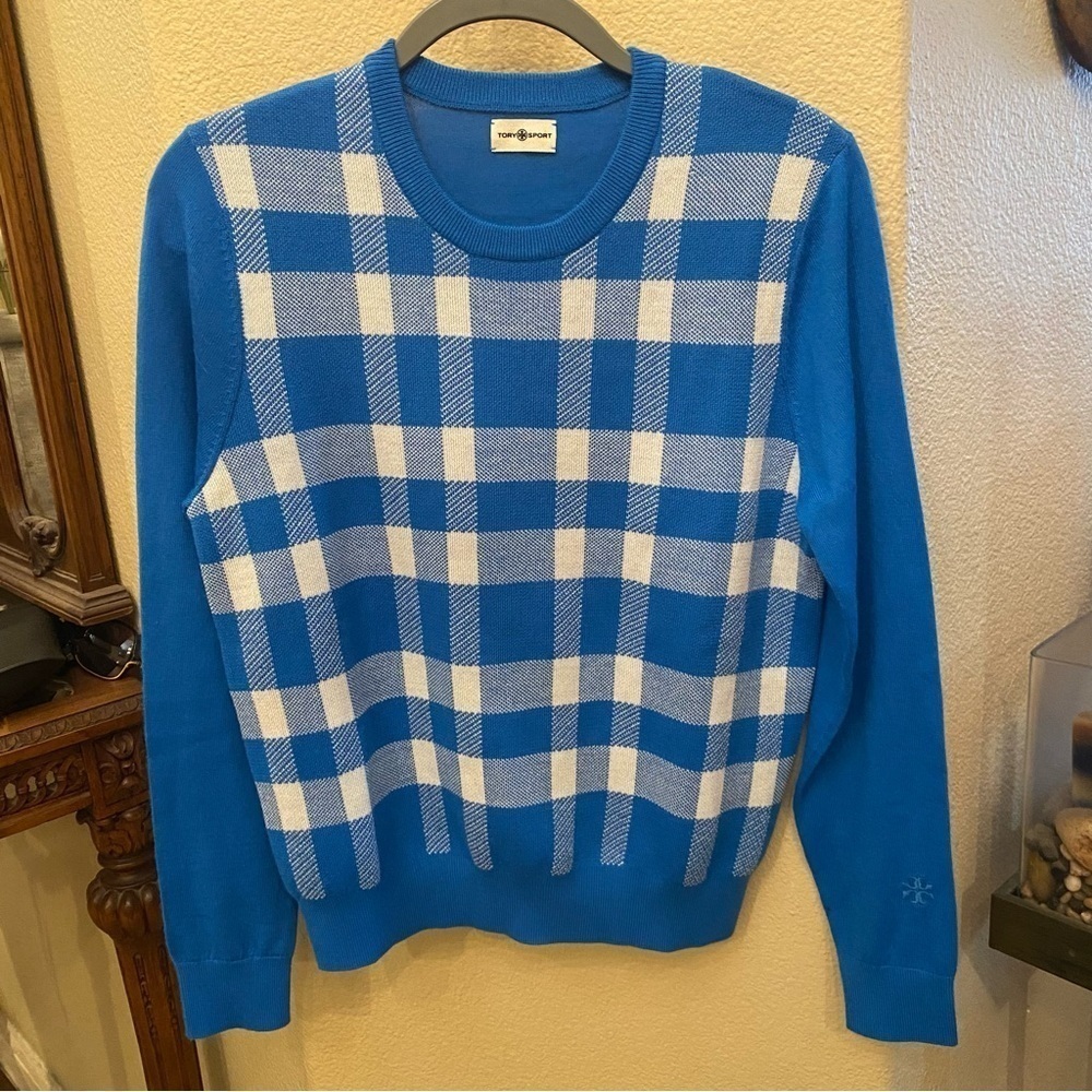 TORY BURCH Sport Blue Performance Merino Blanket Plaid Sweater Size Small